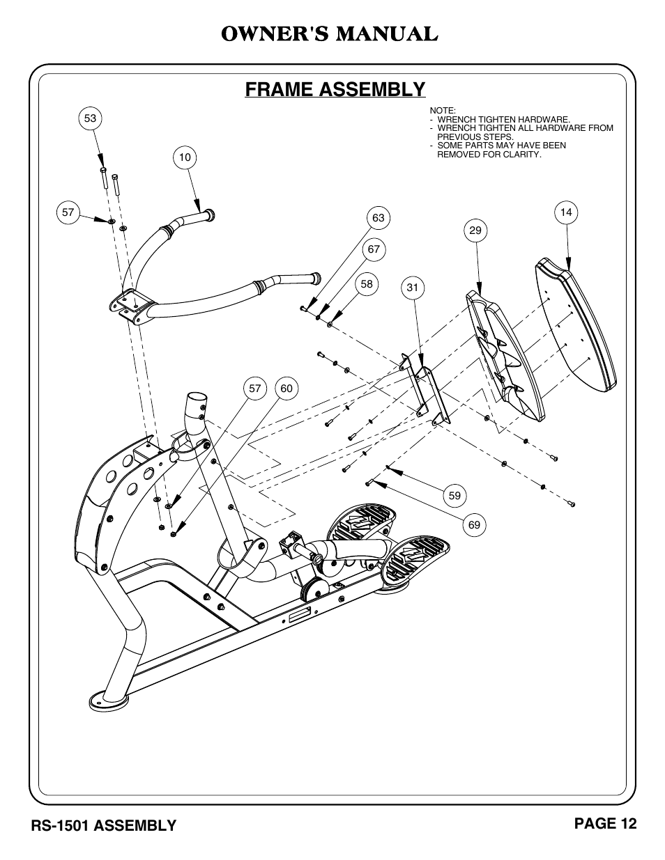 Owner's manual, Frame assembly | Hoist Fitness RS-1501 User Manual | Page 13 / 32