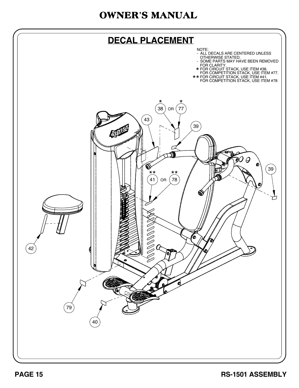 Decal placement, Owner's manual | Hoist Fitness RS-1501 User Manual | Page 16 / 32