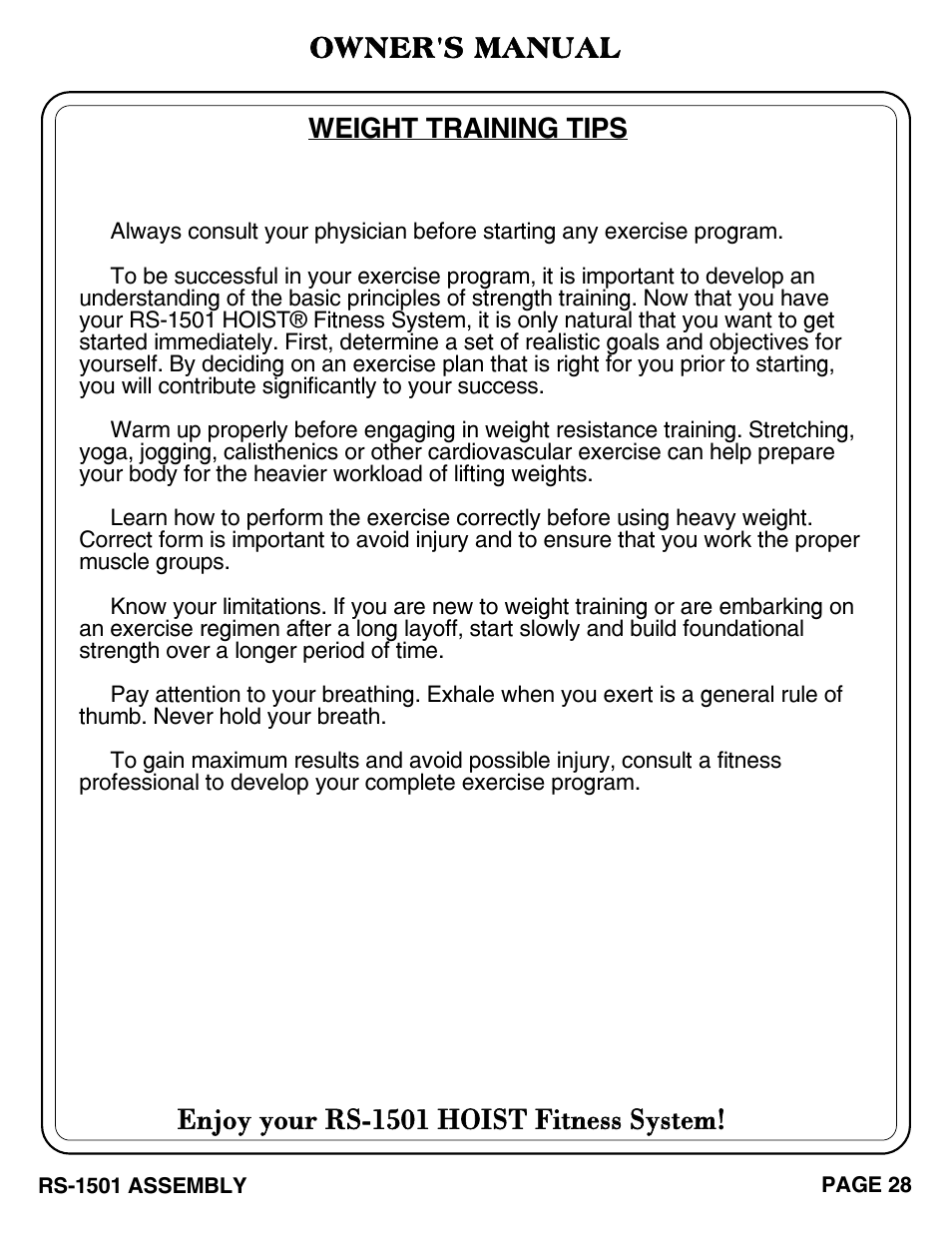 Enjoy your rs-1501 hoist fitness system, Owner's manual, Weight training tips | Hoist Fitness RS-1501 User Manual | Page 29 / 32