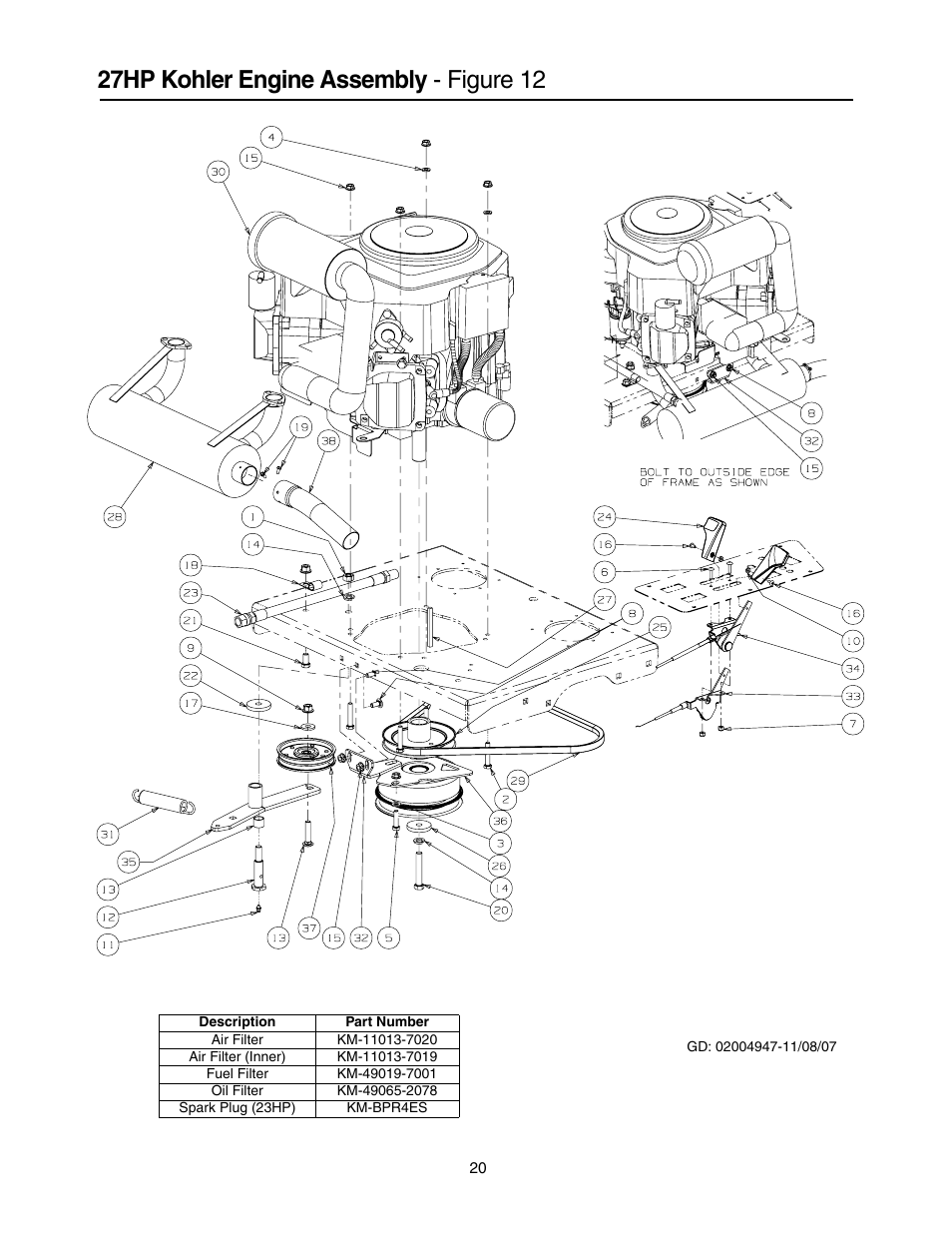 27hp kohler engine assembly - figure 12 | Cub Cadet 53AH8CT4050 User Manual | Page 20 / 28