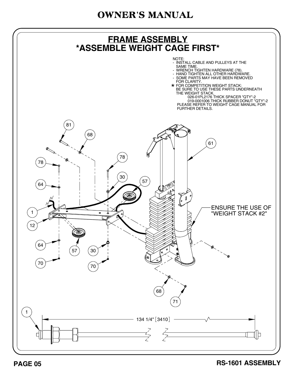 Owner's manual, Frame assembly *assemble weight cage first, Page 05 | Rs-1601 assembly | Hoist Fitness RS-1601 User Manual | Page 10 / 41