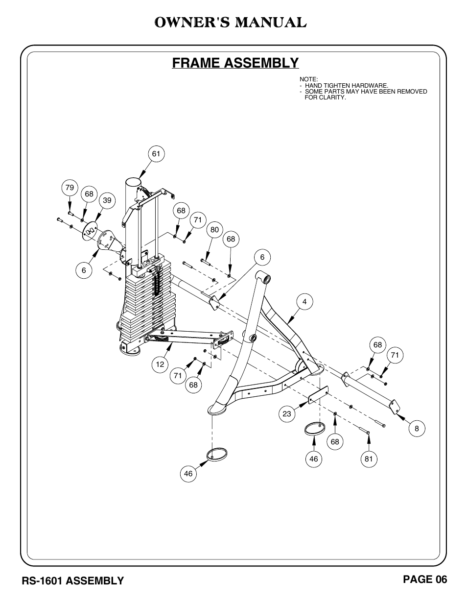 Owner's manual, Frame assembly | Hoist Fitness RS-1601 User Manual | Page 11 / 41