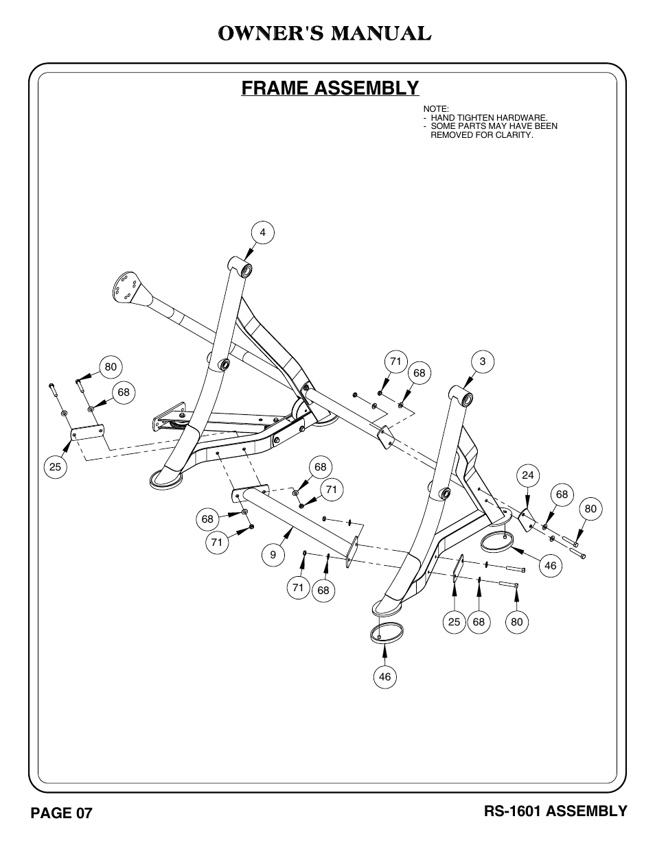 Owner's manual, Frame assembly, Rs-1601 assembly | Page 07 | Hoist Fitness RS-1601 User Manual | Page 12 / 41