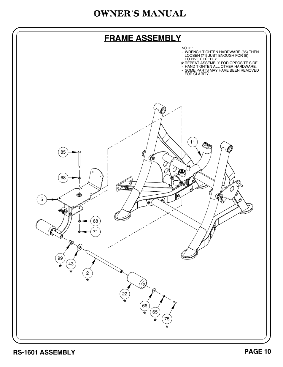 Owner's manual, Frame assembly | Hoist Fitness RS-1601 User Manual | Page 15 / 41