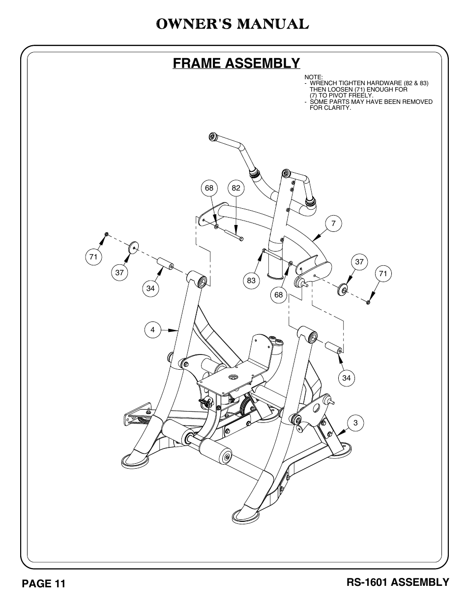 Frame assembly, Owner's manual, Page 11 | Rs-1601 assembly | Hoist Fitness RS-1601 User Manual | Page 16 / 41