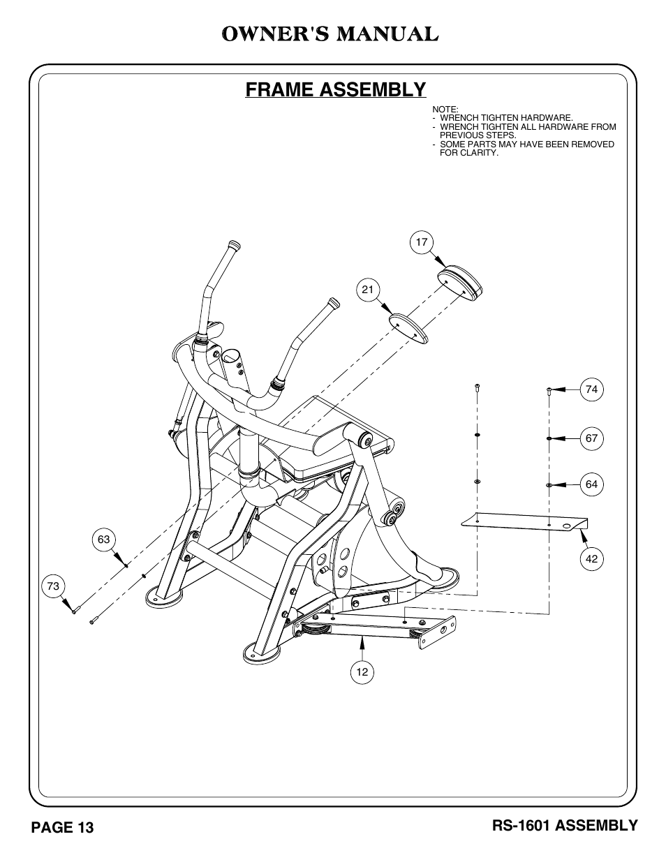 Frame assembly, Owner's manual, Page 13 | Rs-1601 assembly | Hoist Fitness RS-1601 User Manual | Page 18 / 41