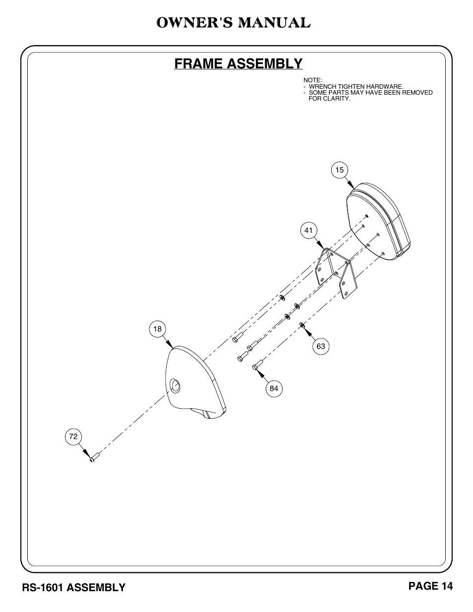 Owner's manual, Frame assembly | Hoist Fitness RS-1601 User Manual | Page 19 / 41
