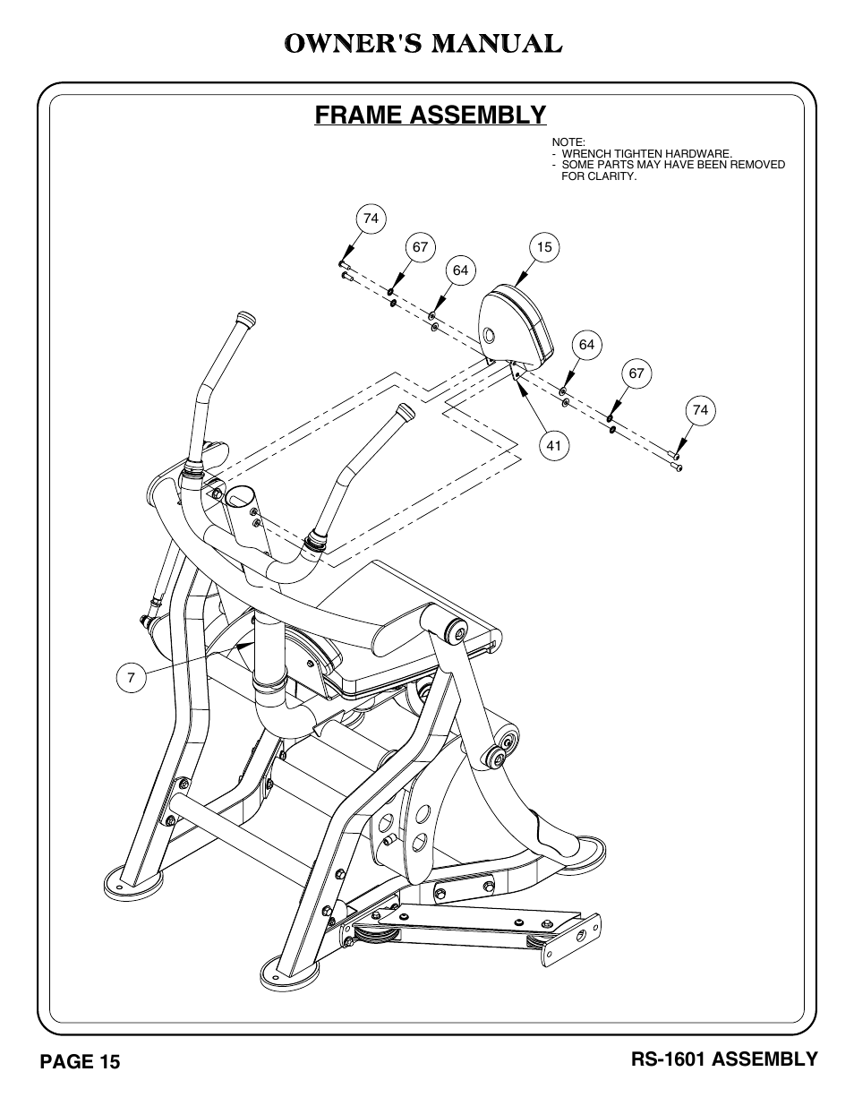 Owner's manual, Frame assembly | Hoist Fitness RS-1601 User Manual | Page 20 / 41