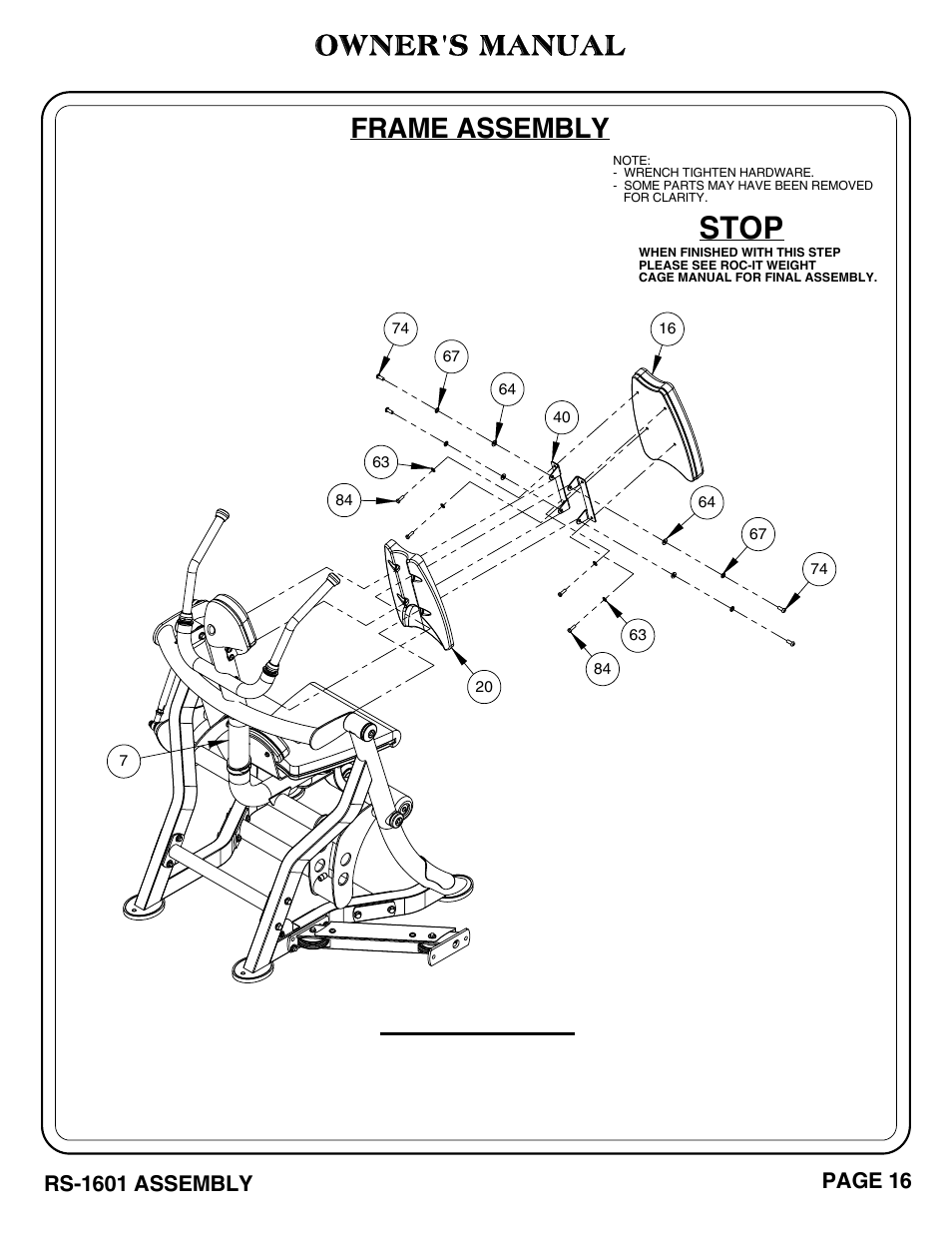 Important, Stop, Owner's manual | Frame assembly | Hoist Fitness RS-1601 User Manual | Page 21 / 41