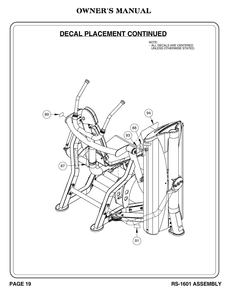 Decal placement continued, Owner's manual | Hoist Fitness RS-1601 User Manual | Page 24 / 41