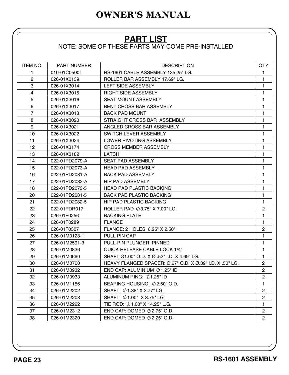 Owner's manual, Part list, Page 23 | Rs-1601 assembly | Hoist Fitness RS-1601 User Manual | Page 3 / 41