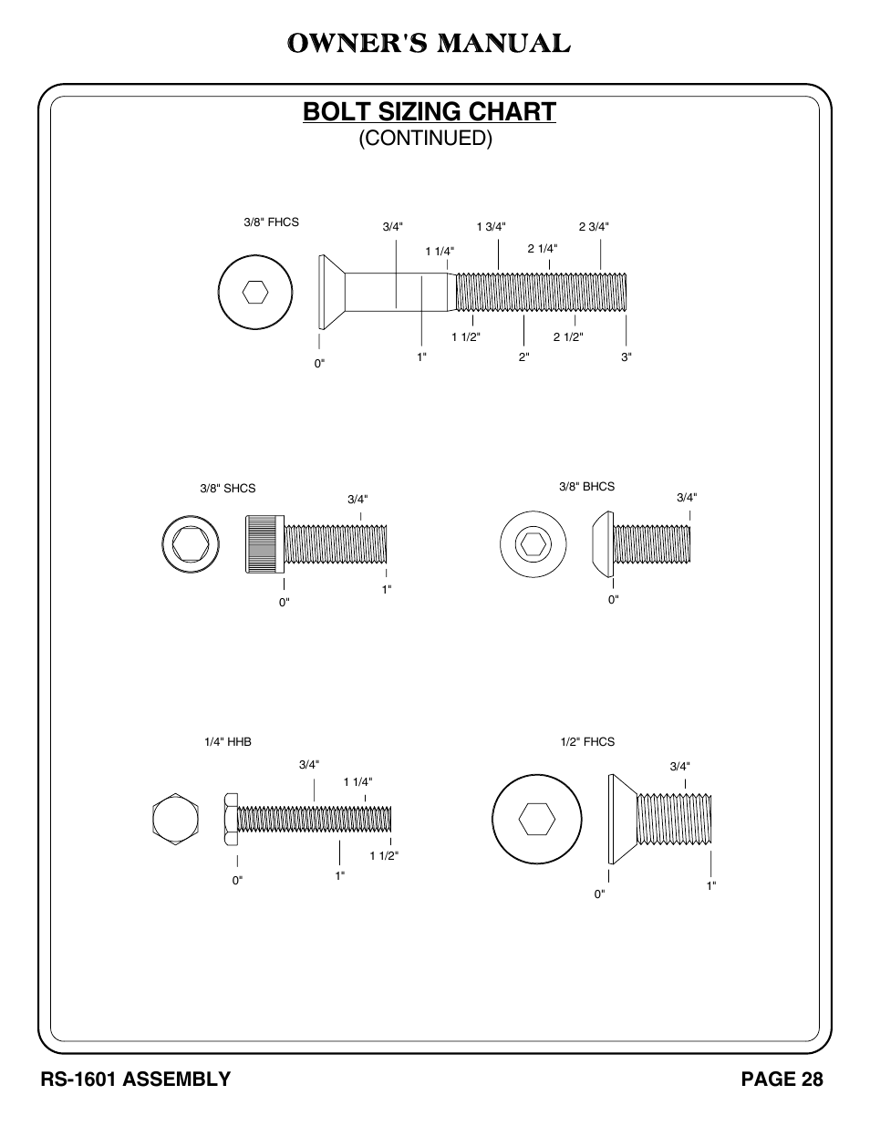 Owner's manual, Bolt sizing chart, Continued) | Hoist Fitness RS-1601 User Manual | Page 33 / 41