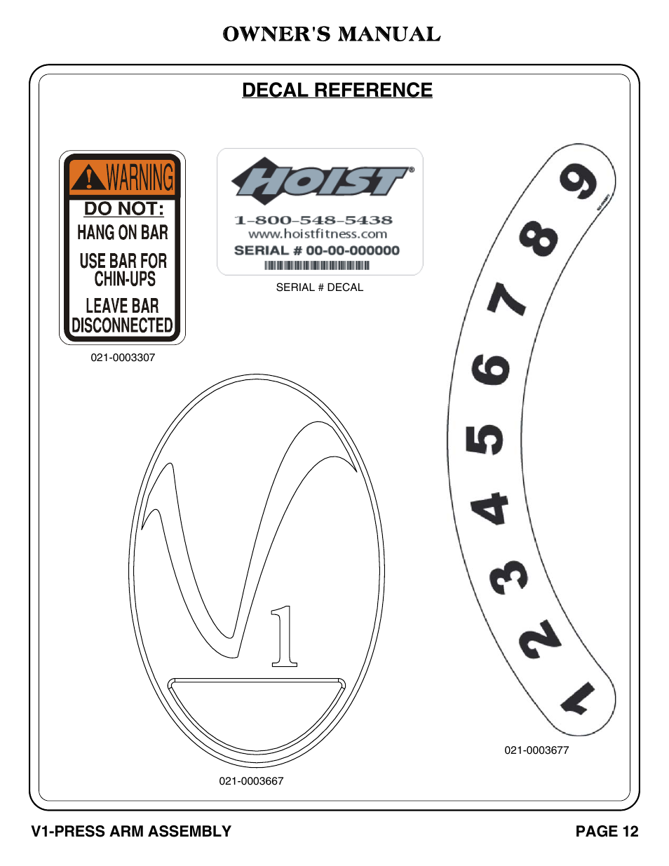 Owner's manual, Decal reference | Hoist Fitness V1-PRESS ARM User Manual | Page 13 / 25