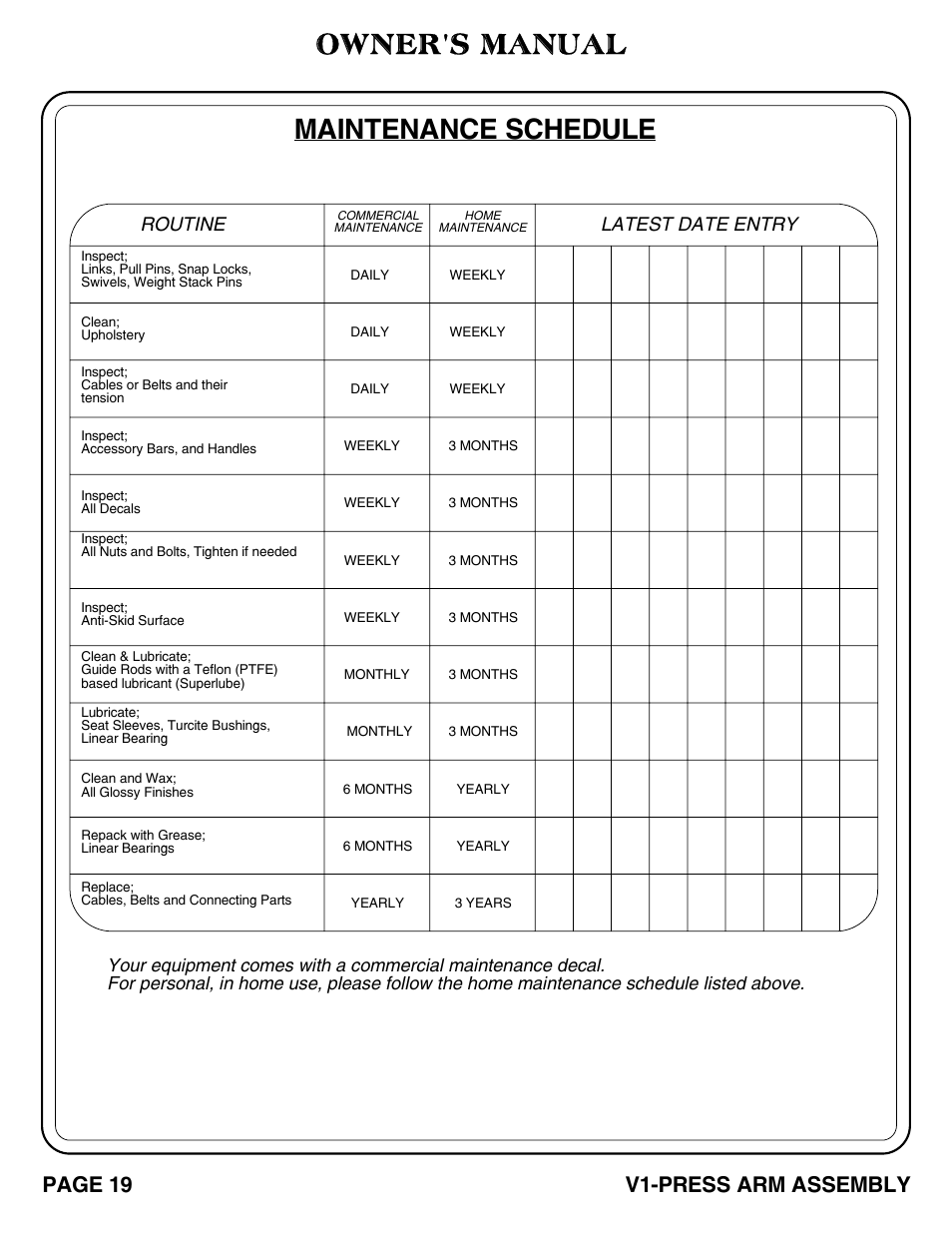 Owner's manual, Maintenance schedule, Page 19 v1-press arm assembly | Routine, Latest date entry | Hoist Fitness V1-PRESS ARM User Manual | Page 20 / 25