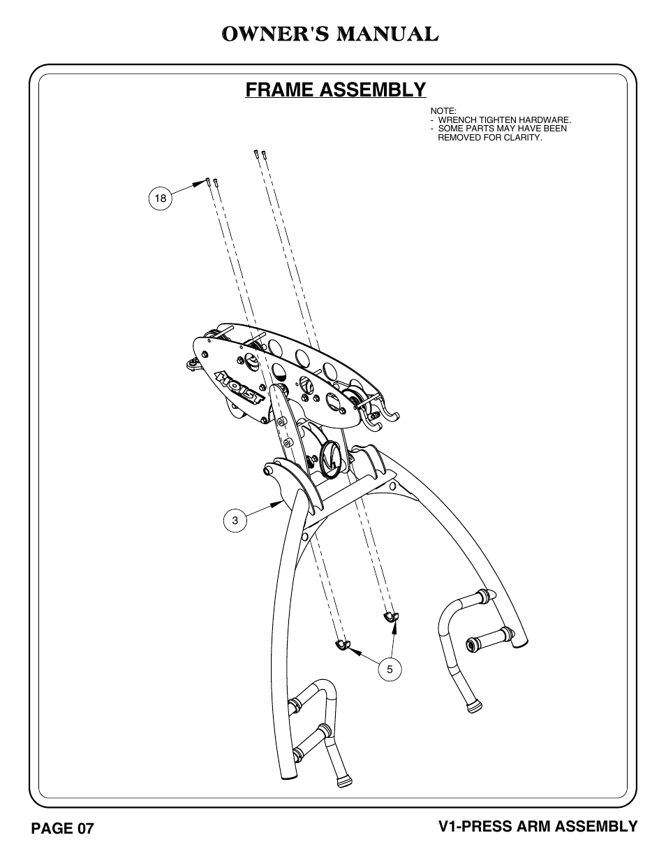 Owner's manual, Frame assembly | Hoist Fitness V1-PRESS ARM User Manual | Page 8 / 25