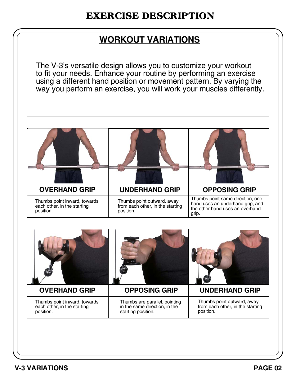 Exercise description, Workout variations | Hoist Fitness V-3 EXERCISE User Manual | Page 3 / 27