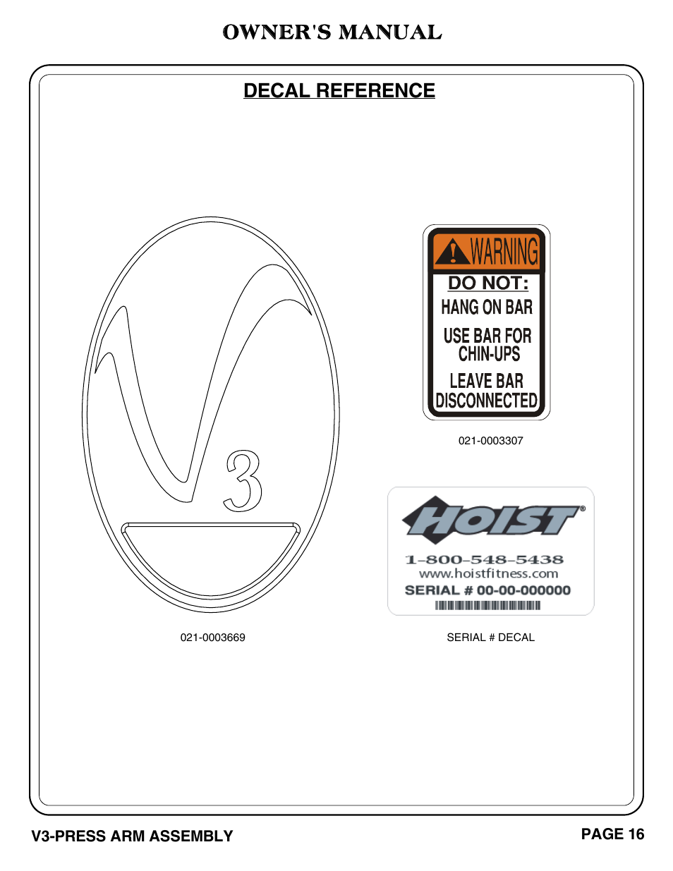 Decal reference owner's manual | Hoist Fitness V3-PRESS ARM User Manual | Page 17 / 29