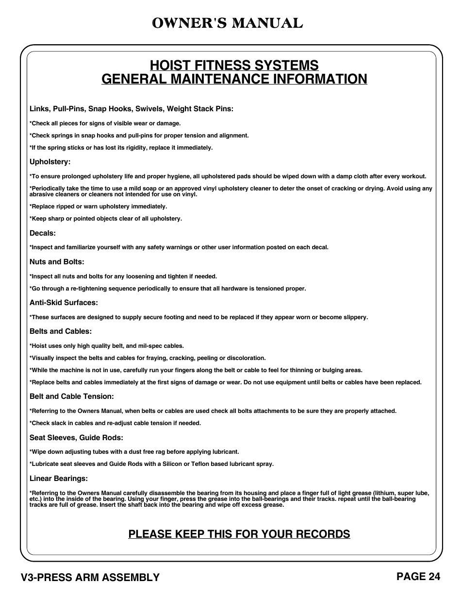 Owner's manual, Please keep this for your records, Page 24 v3-press arm assembly | Hoist Fitness V3-PRESS ARM User Manual | Page 25 / 29