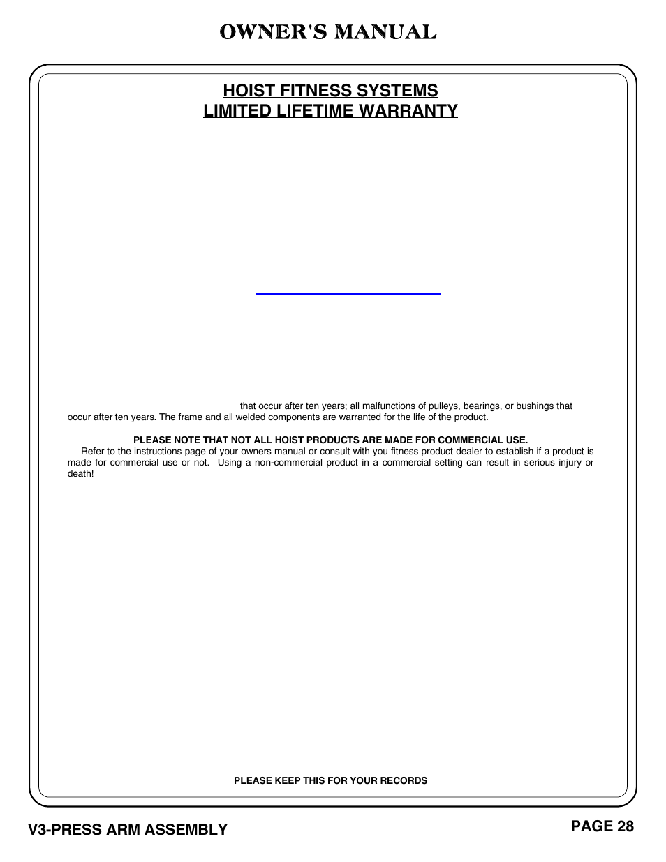 Owner's manual, Hoist fitness systems limited lifetime warranty, Page 28 v3-press arm assembly | Hoist Fitness V3-PRESS ARM User Manual | Page 29 / 29