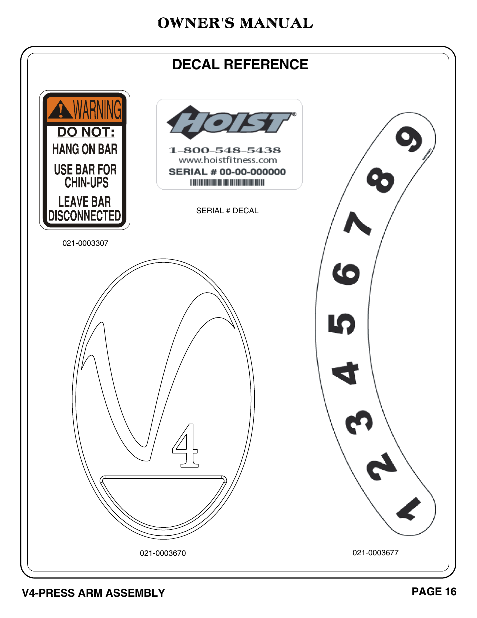 Decal reference owner's manual | Hoist Fitness V4-PRESS ARM User Manual | Page 17 / 30