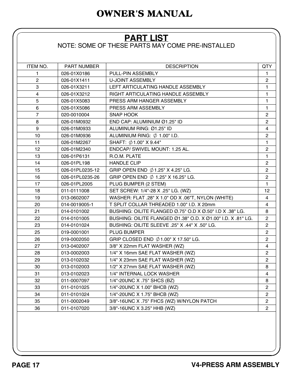 Owner's manual, Part list, Page 17 v4-press arm assembly | Hoist Fitness V4-PRESS ARM User Manual | Page 18 / 30