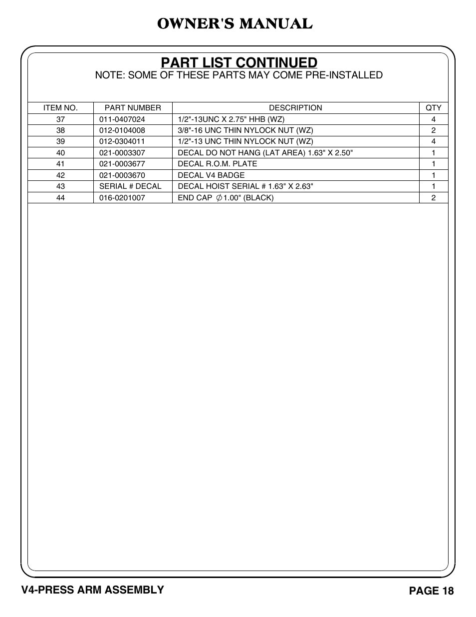 Owner's manual, Part list continued, Page 18 v4-press arm assembly | Hoist Fitness V4-PRESS ARM User Manual | Page 19 / 30