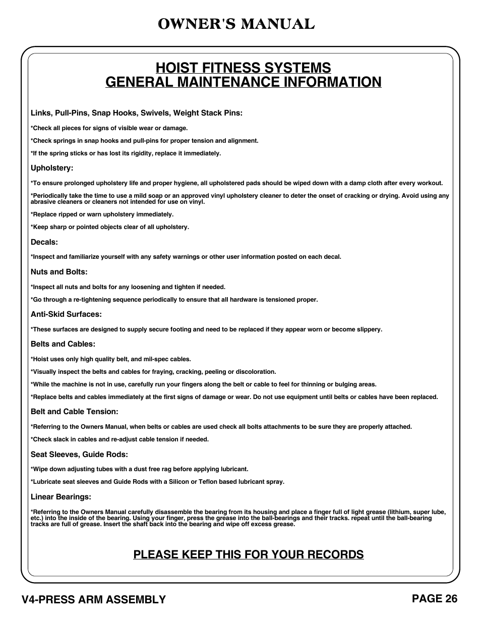 Owner's manual, Please keep this for your records, Page 26 v4-press arm assembly | Hoist Fitness V4-PRESS ARM User Manual | Page 27 / 30