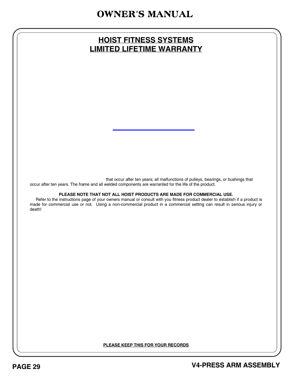 Owner's manual, Hoist fitness systems limited lifetime warranty, V4-press arm assembly page 29 | Hoist Fitness V4-PRESS ARM User Manual | Page 30 / 30