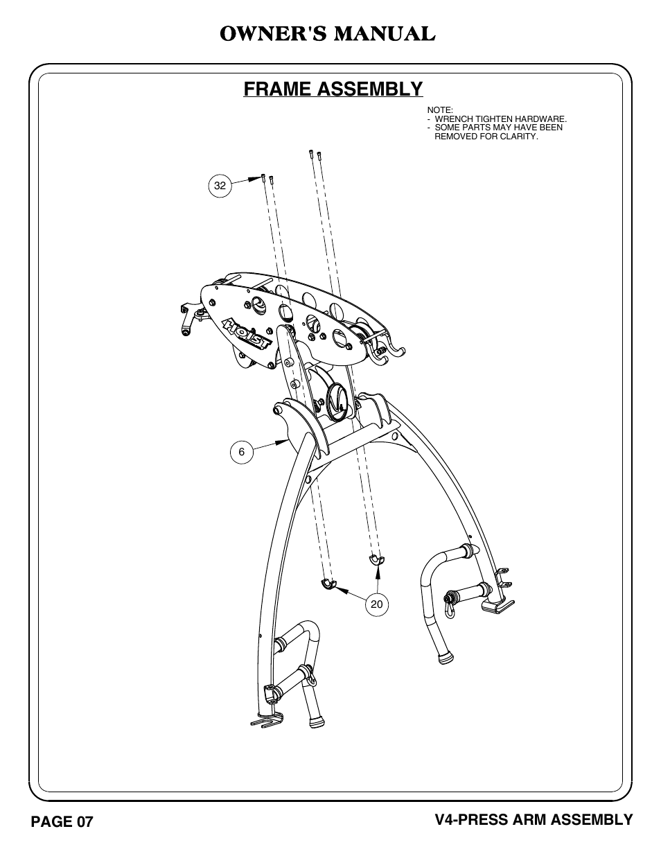 Owner's manual, Frame assembly | Hoist Fitness V4-PRESS ARM User Manual | Page 8 / 30