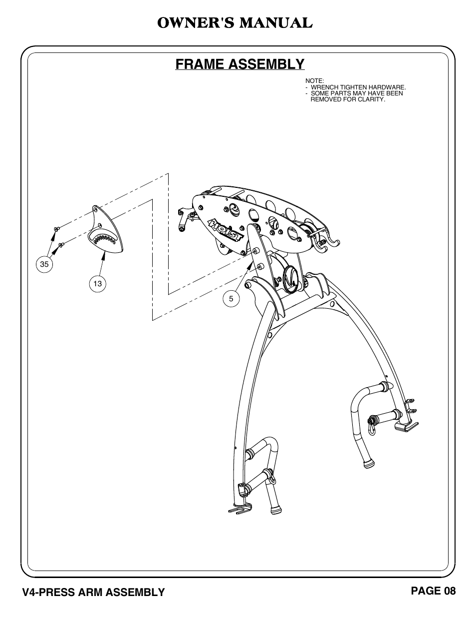 Owner's manual, Frame assembly | Hoist Fitness V4-PRESS ARM User Manual | Page 9 / 30
