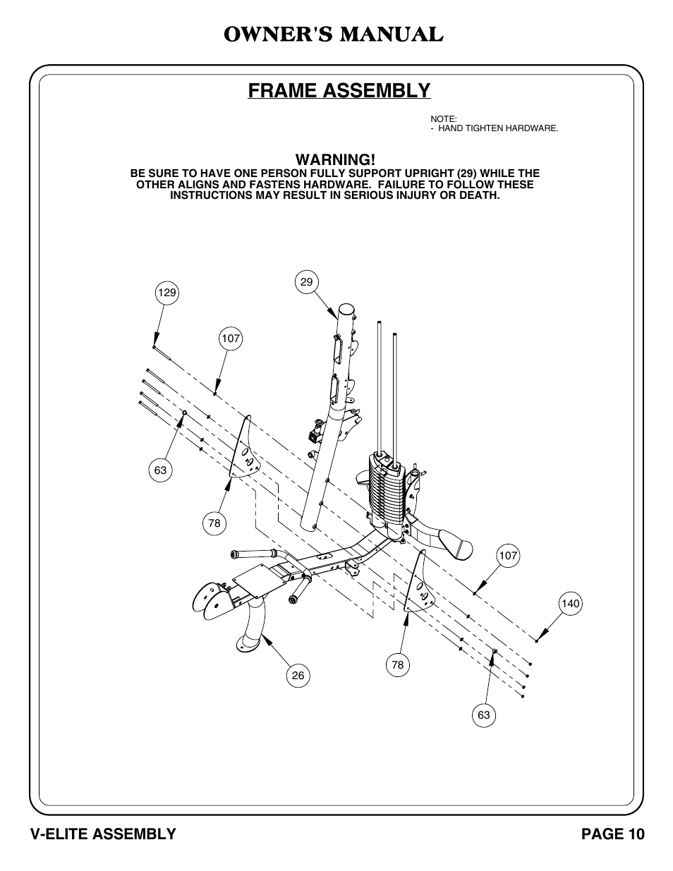 Frame assembly, Owner's manual, Warning | Page 10 v-elite assembly | Hoist Fitness V-ELITE User Manual | Page 11 / 84