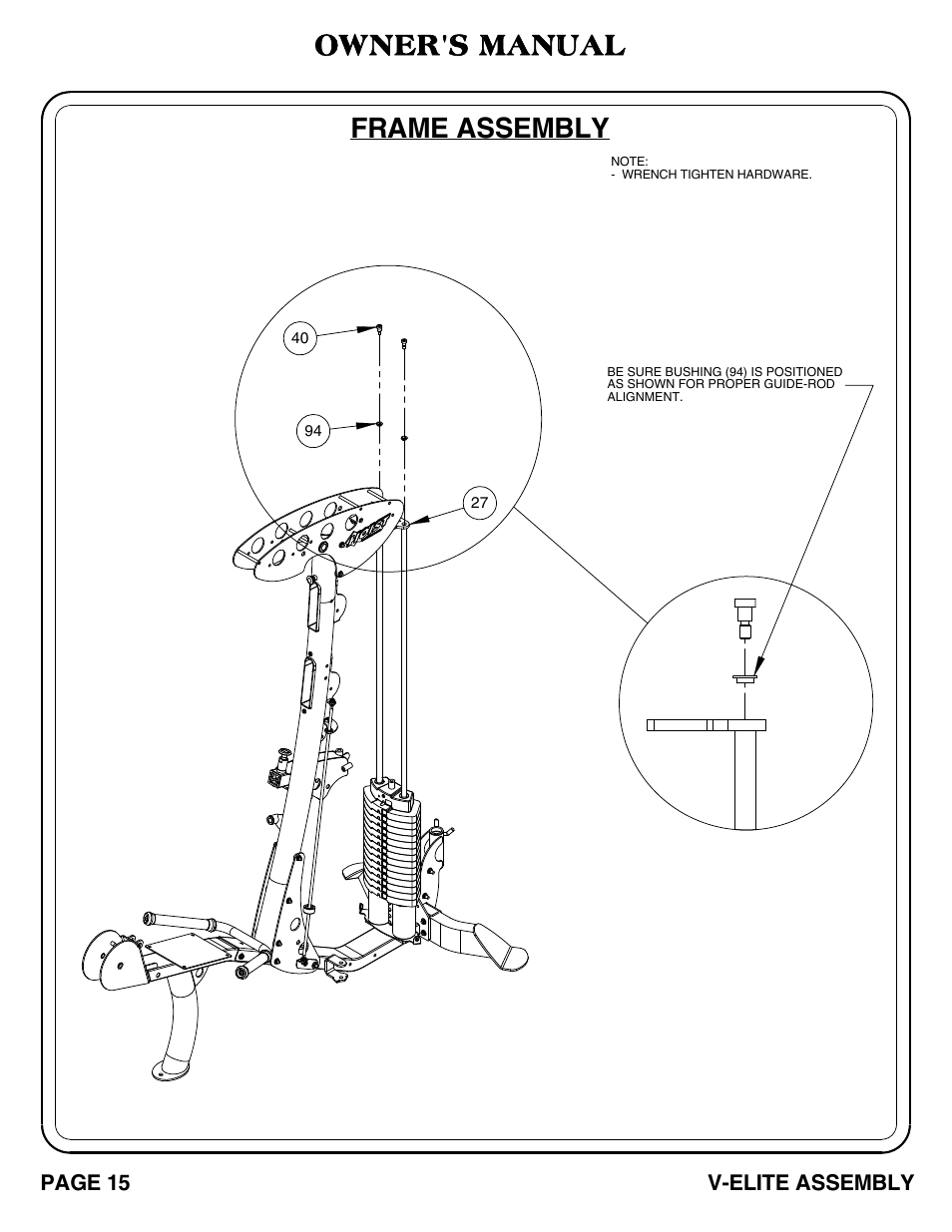 V-elite_pg 15-16.pdf, Frame assembly, Owner's manual | Hoist Fitness V-ELITE User Manual | Page 16 / 84