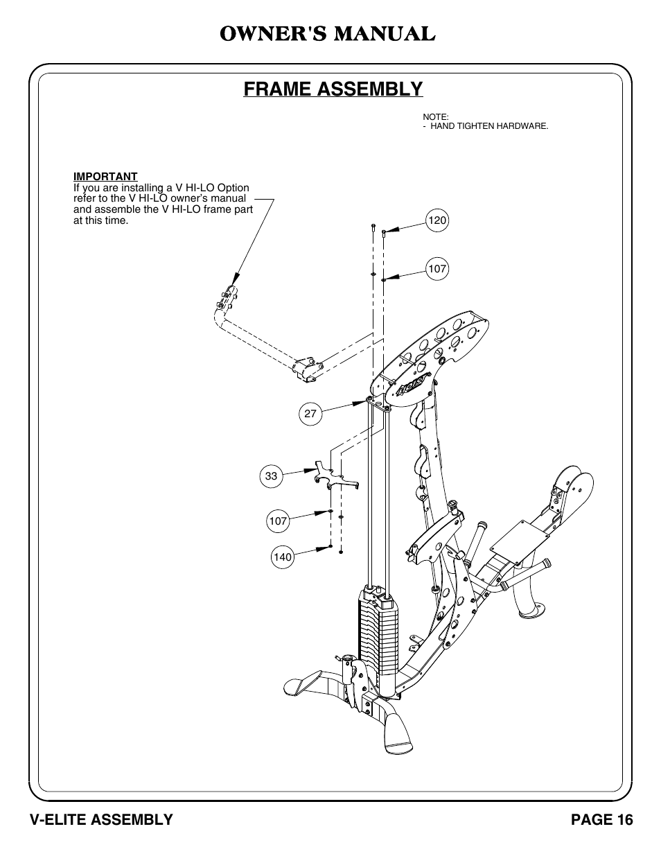 V-elite_pg 17-18.pdf, Frame assembly, Owner's manual | Hoist Fitness V-ELITE User Manual | Page 17 / 84