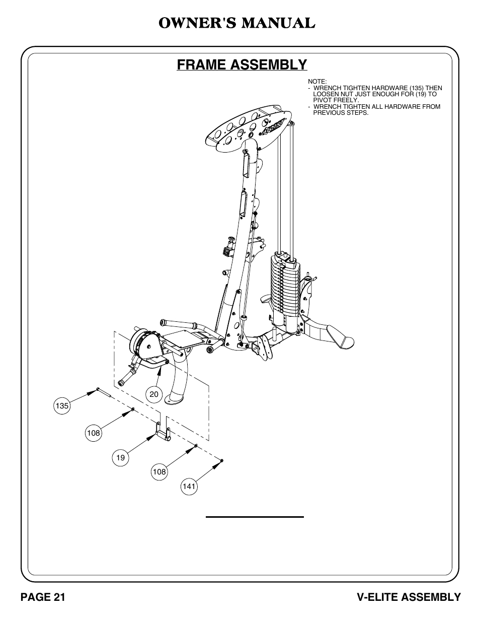 V-elite_pg 21-22.pdf, Important, Frame assembly | Owner's manual | Hoist Fitness V-ELITE User Manual | Page 22 / 84