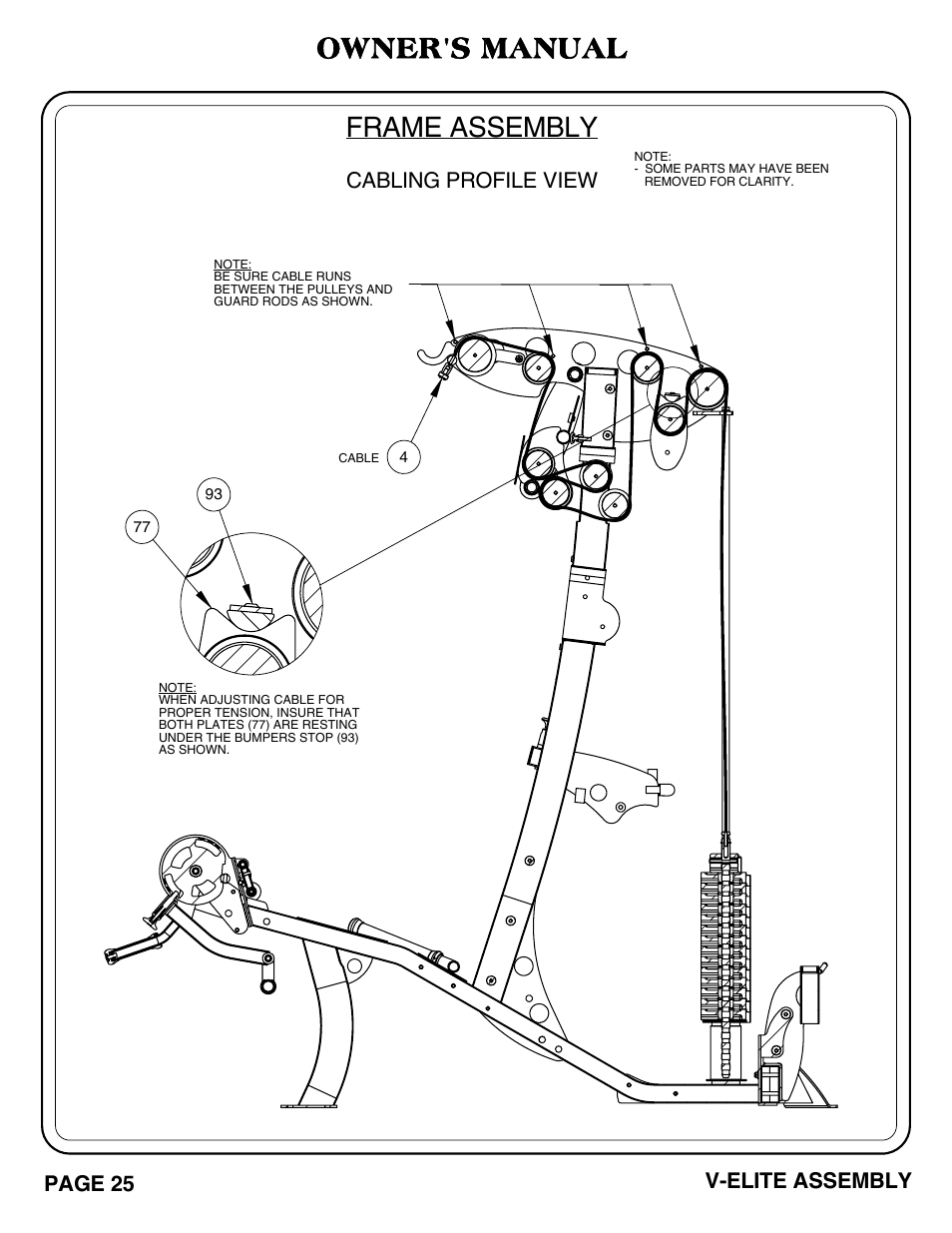 V-elite_pg 25-26.pdf, Frame assembly, Owner's manual | Cabling profile view, Page 25 v-elite assembly | Hoist Fitness V-ELITE User Manual | Page 26 / 84