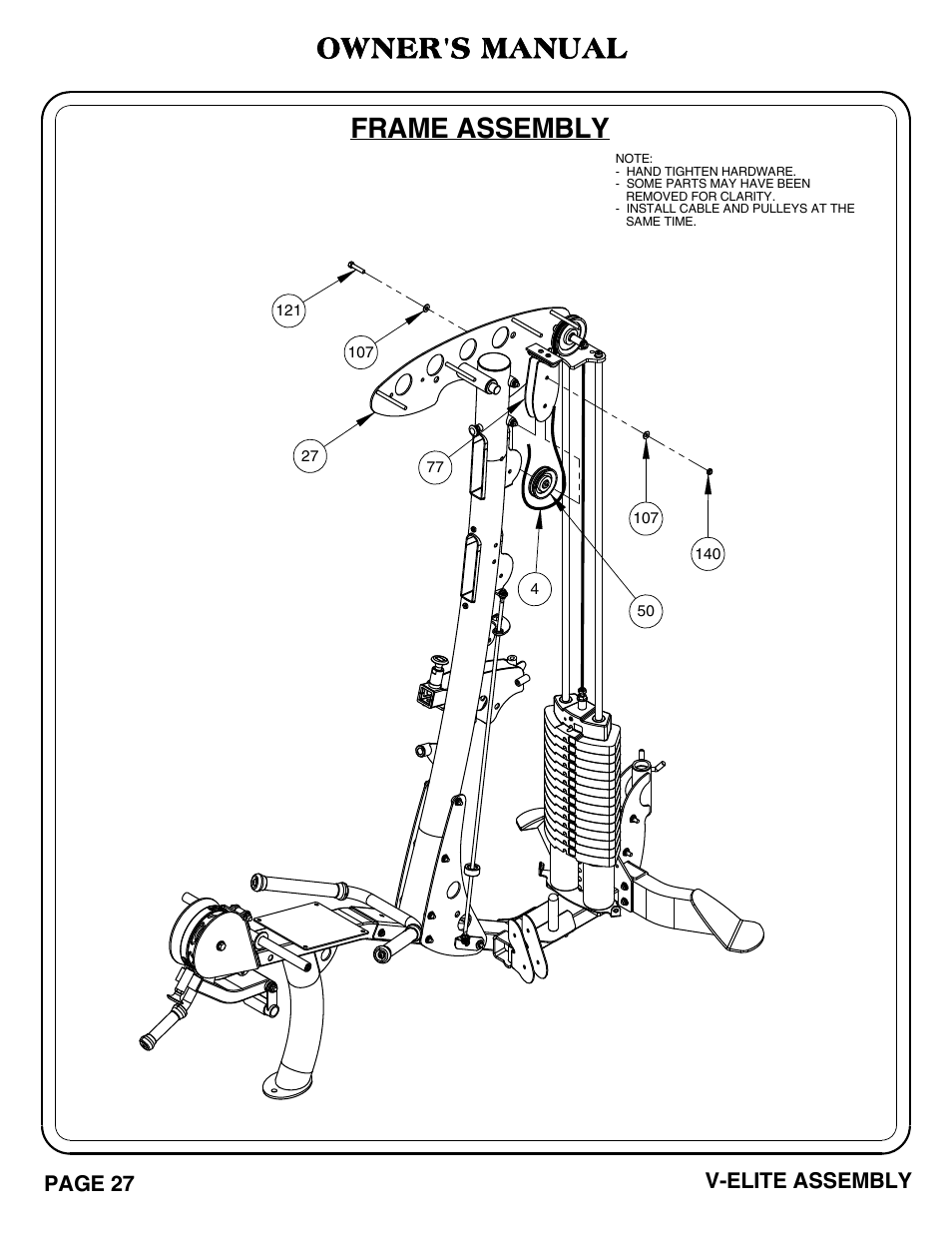 V-elite_pg 27-28.pdf, Frame assembly, Owner's manual | Page 27 v-elite assembly | Hoist Fitness V-ELITE User Manual | Page 28 / 84