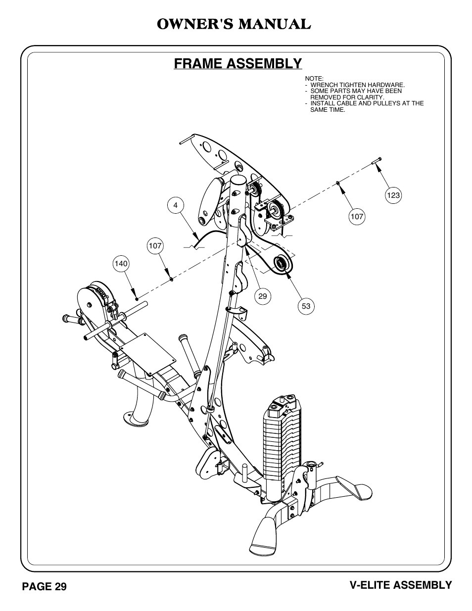 V-elite pg 29-30.pdf, Owner's manual, Frame assembly | Page 29 v-elite assembly | Hoist Fitness V-ELITE User Manual | Page 30 / 84