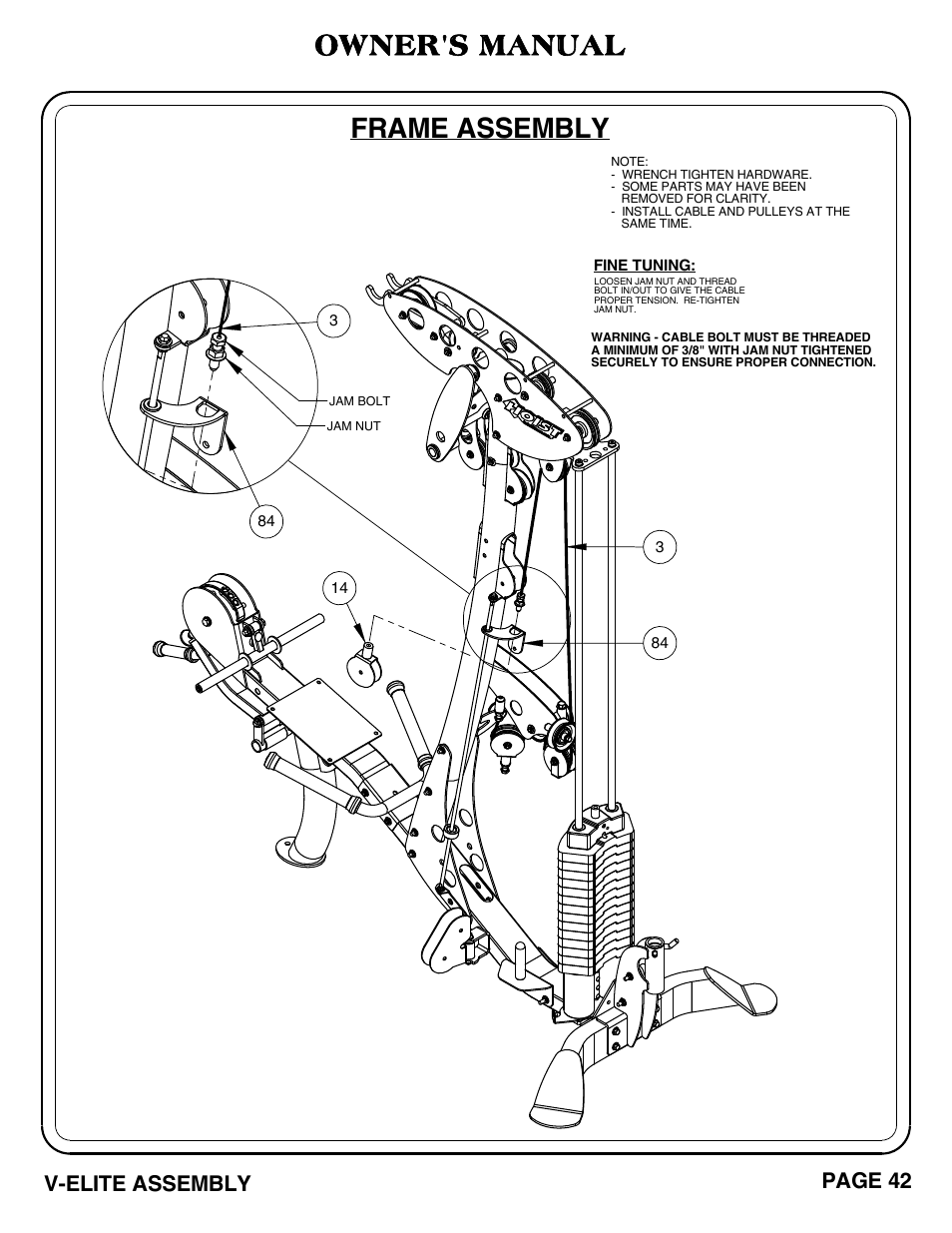 Frame assembly, Owner's manual, V-elite assembly page 42 | Hoist Fitness V-ELITE User Manual | Page 43 / 84