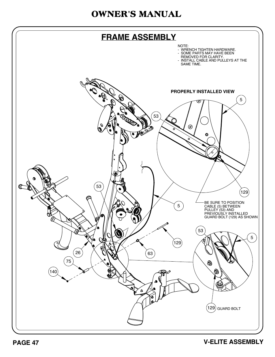 Frame assembly, Owner's manual, Page 47 v-elite assembly | Hoist Fitness V-ELITE User Manual | Page 48 / 84