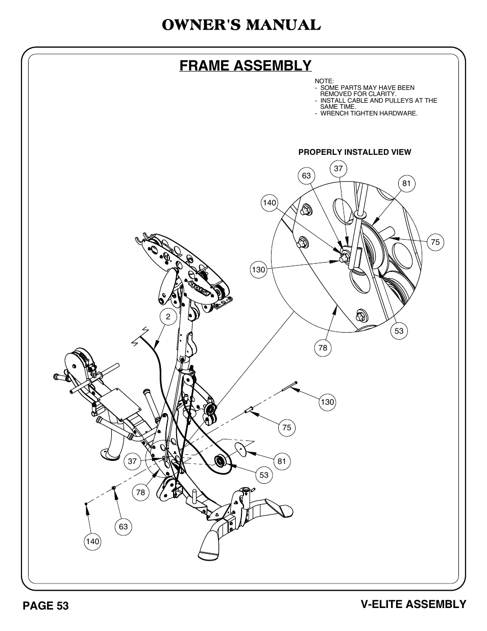V-elite pg 53-54.pdf, Frame assembly, Owner's manual | Page 53 v-elite assembly | Hoist Fitness V-ELITE User Manual | Page 54 / 84