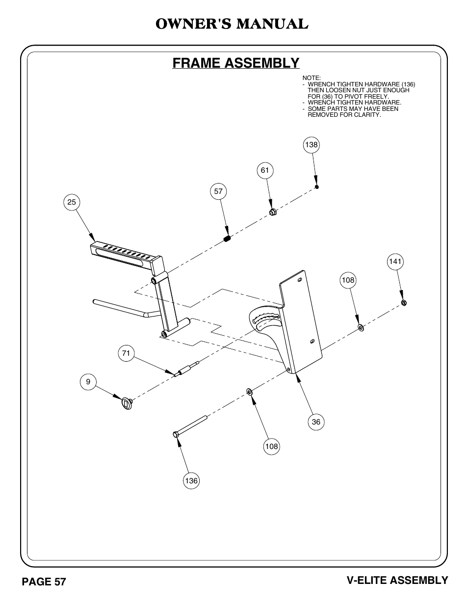 V-elite pg 57-58.pdf, Frame assembly, Owner's manual | Page 57 v-elite assembly | Hoist Fitness V-ELITE User Manual | Page 58 / 84