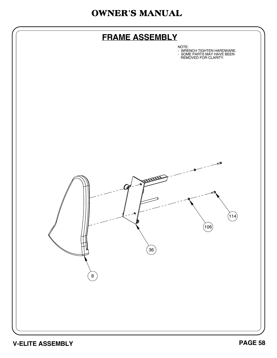 Frame assembly, Owner's manual | Hoist Fitness V-ELITE User Manual | Page 59 / 84