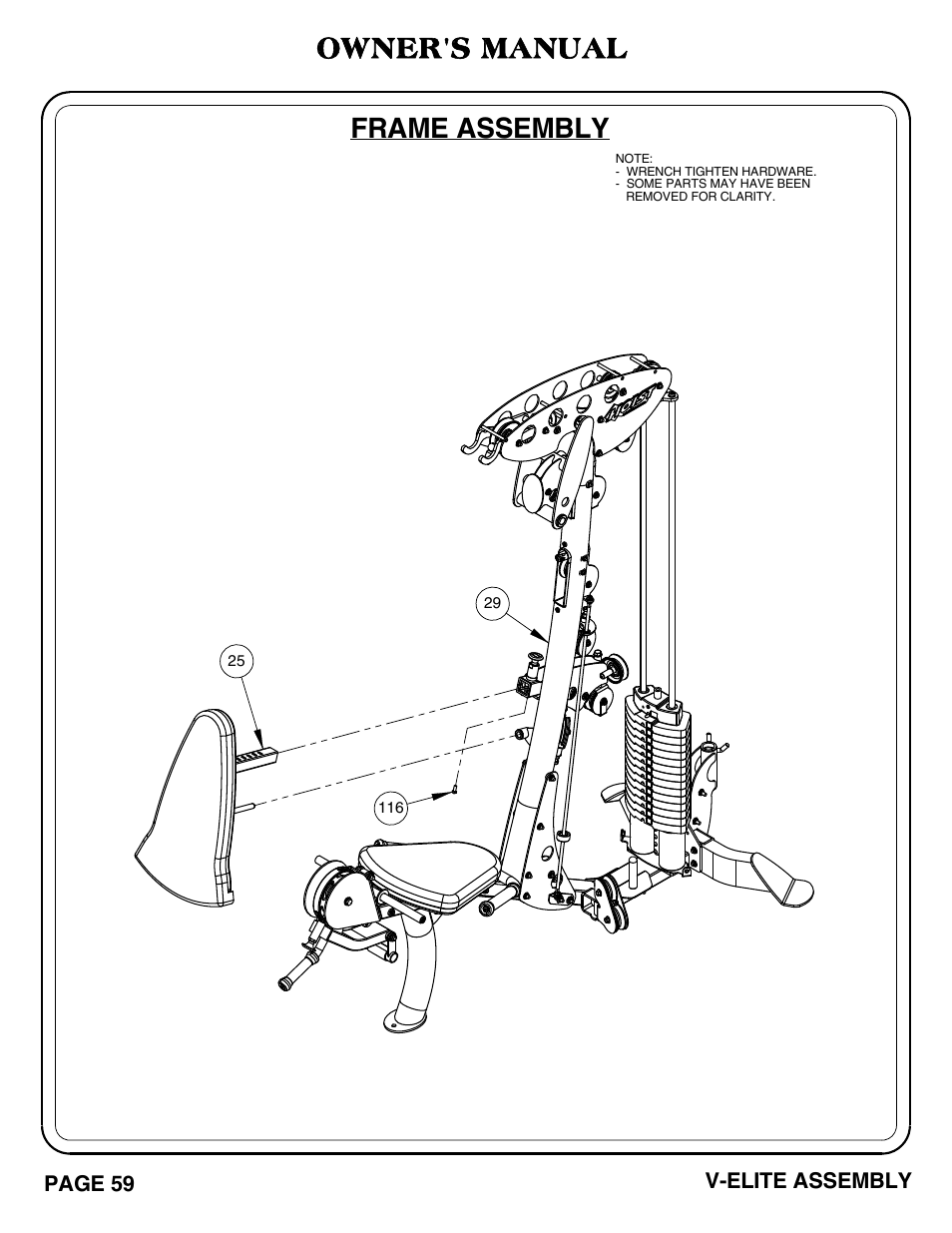 V-elite pg 59-60.pdf, Frame assembly, Owner's manual | Page 59 v-elite assembly | Hoist Fitness V-ELITE User Manual | Page 60 / 84