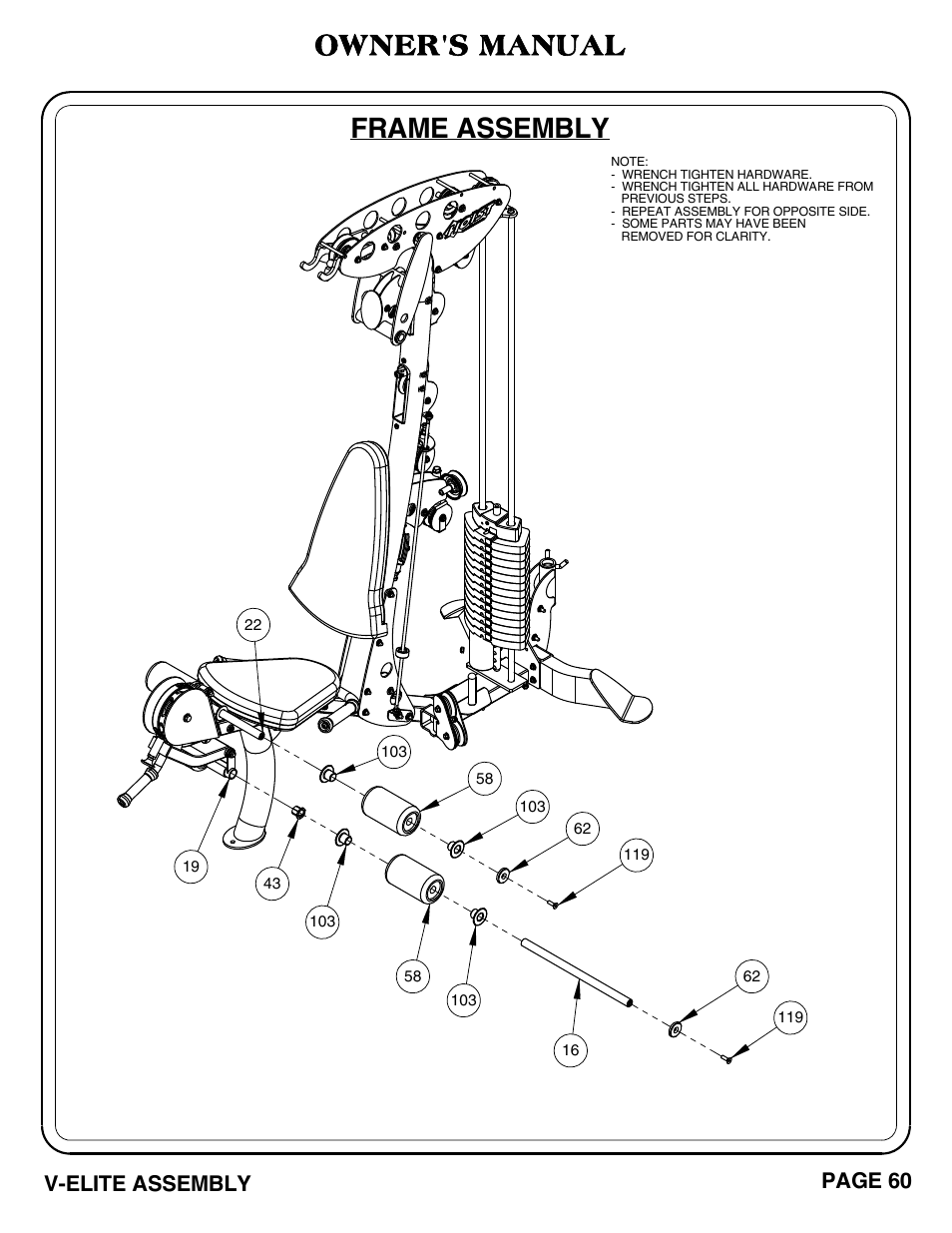 Frame assembly, Owner's manual, V-elite assembly | Page 60 | Hoist Fitness V-ELITE User Manual | Page 61 / 84