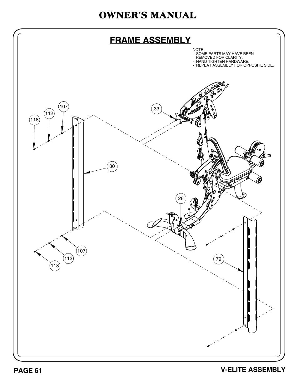 Frame assembly, Owner's manual, Page 61 v-elite assembly | Hoist Fitness V-ELITE User Manual | Page 62 / 84