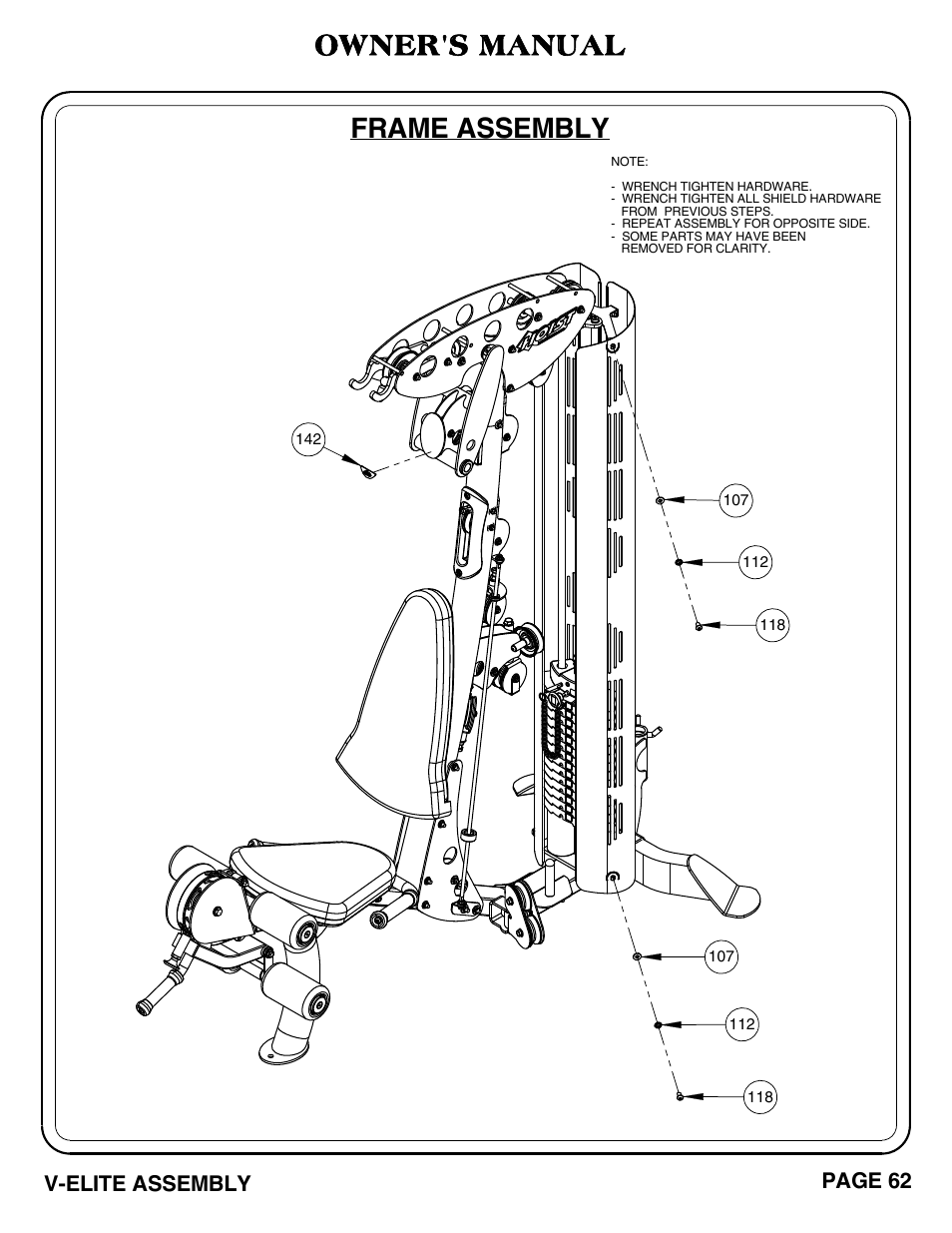 Frame assembly, Owner's manual, V-elite assembly page 62 | Hoist Fitness V-ELITE User Manual | Page 63 / 84