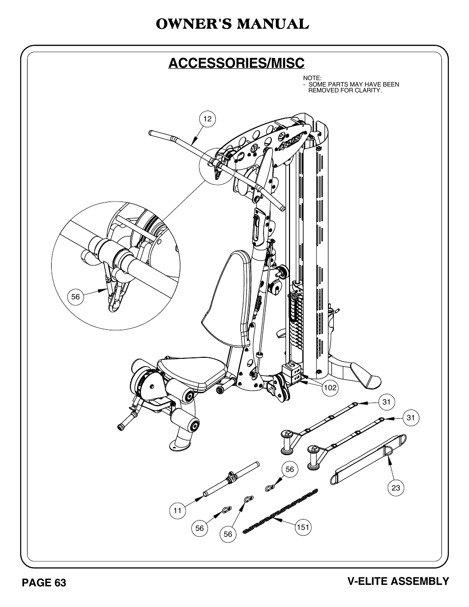 Accessories/misc, Owner's manual, Page 63 v-elite assembly | Hoist Fitness V-ELITE User Manual | Page 64 / 84