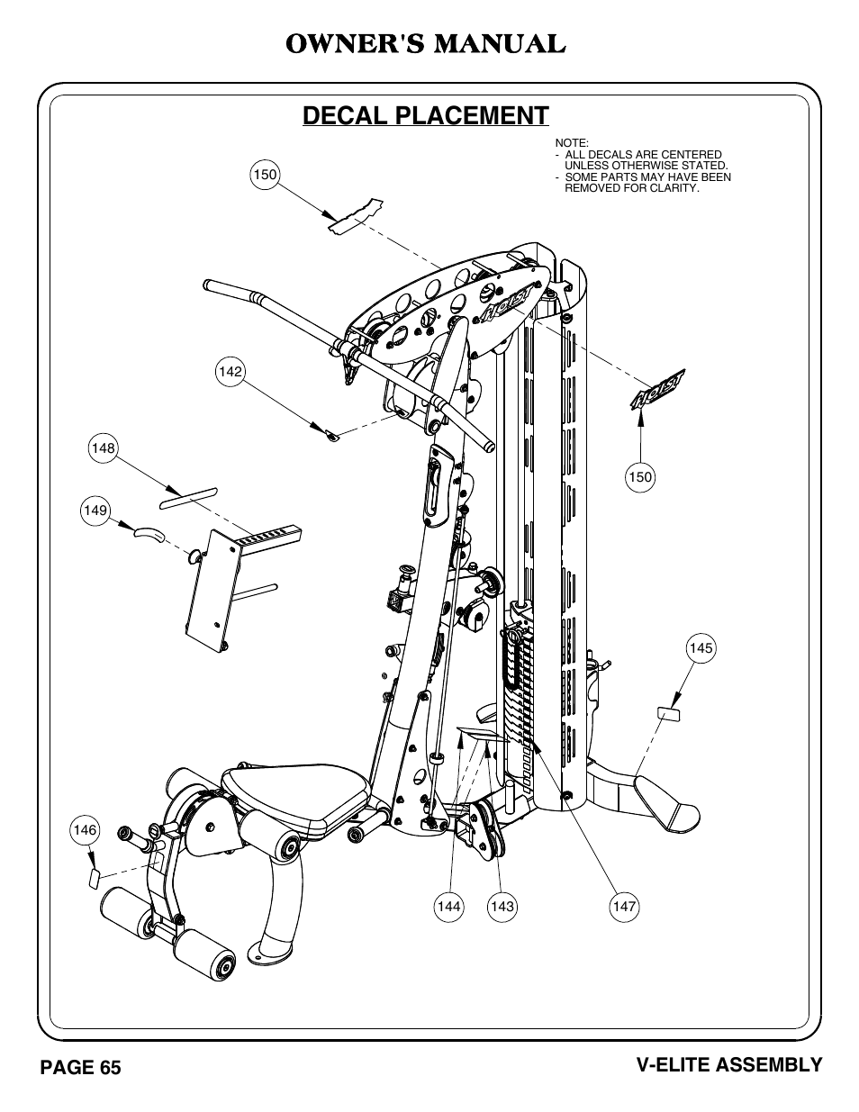 Decal placement, Owner's manual, Page 65 v-elite assembly | Hoist Fitness V-ELITE User Manual | Page 66 / 84