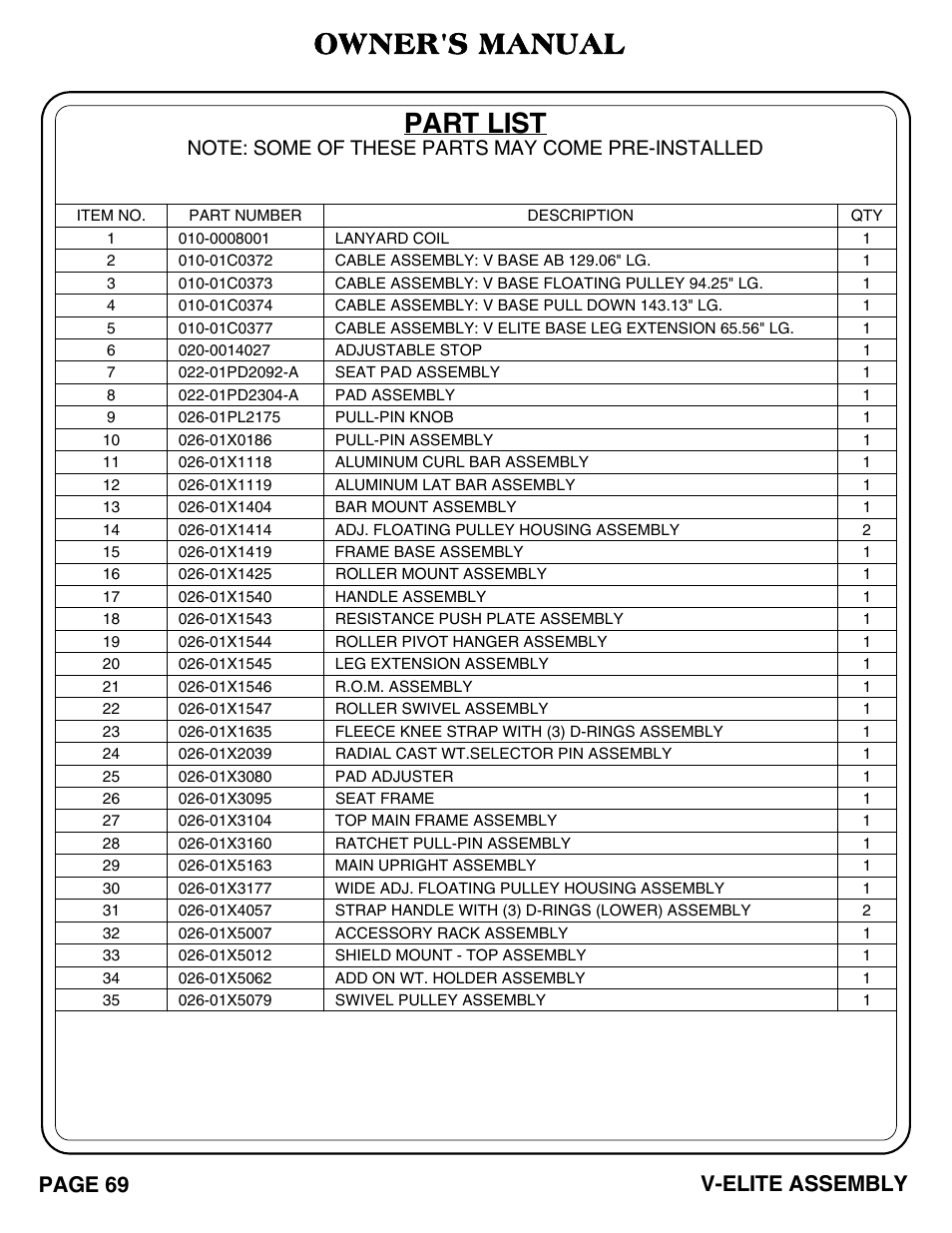 Part list, Owner's manual, Page 69 | V-elite assembly | Hoist Fitness V-ELITE User Manual | Page 70 / 84