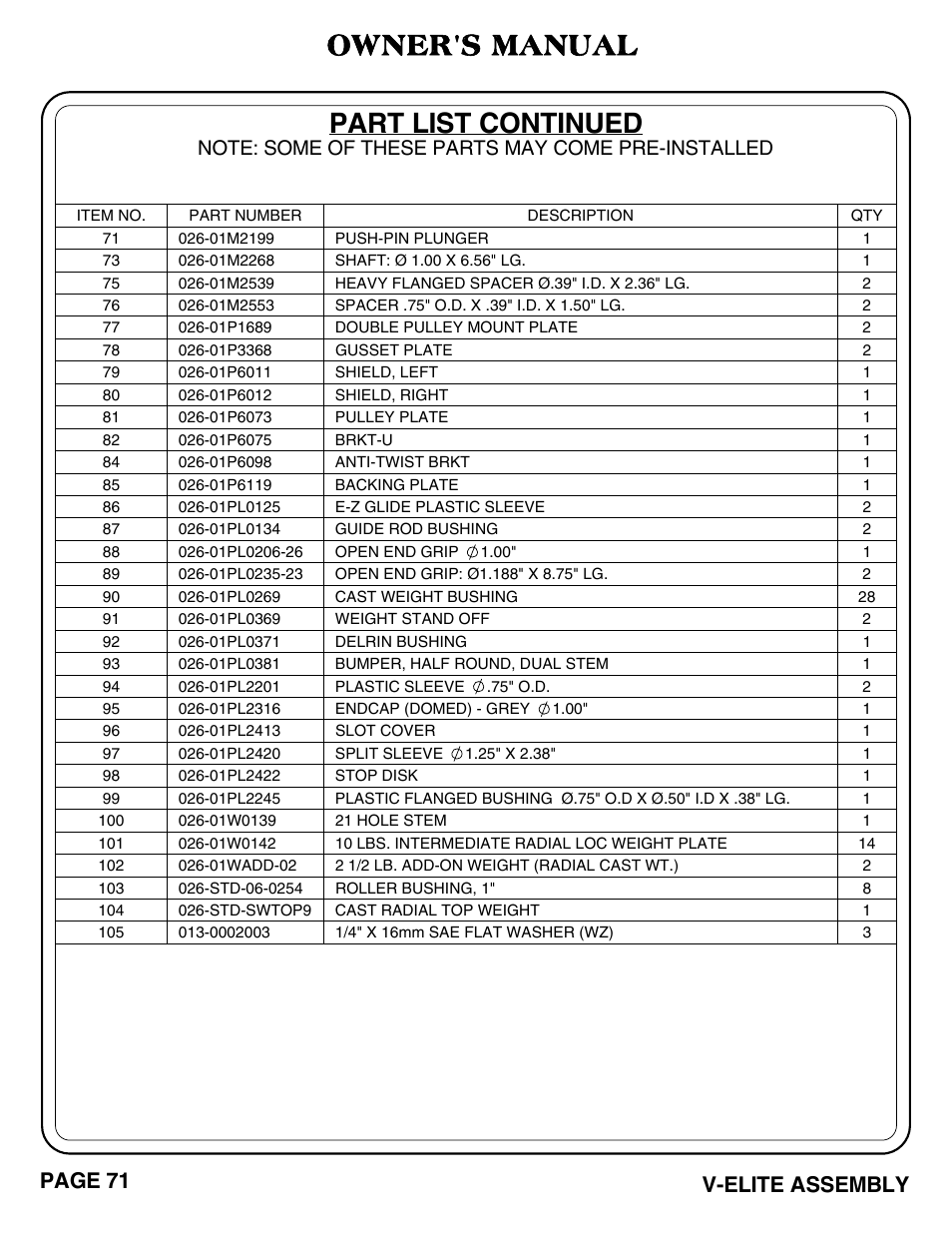 Part list continued, Owner's manual, Page 71 v-elite assembly | Hoist Fitness V-ELITE User Manual | Page 72 / 84